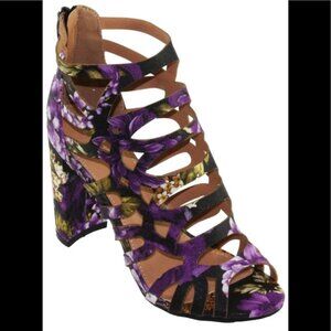 *NEW* ELEGANT SEXY GLADIATOR PURPLE & YELLOW FLORAL PRINT CAGE BLOCK HEEL SHOES